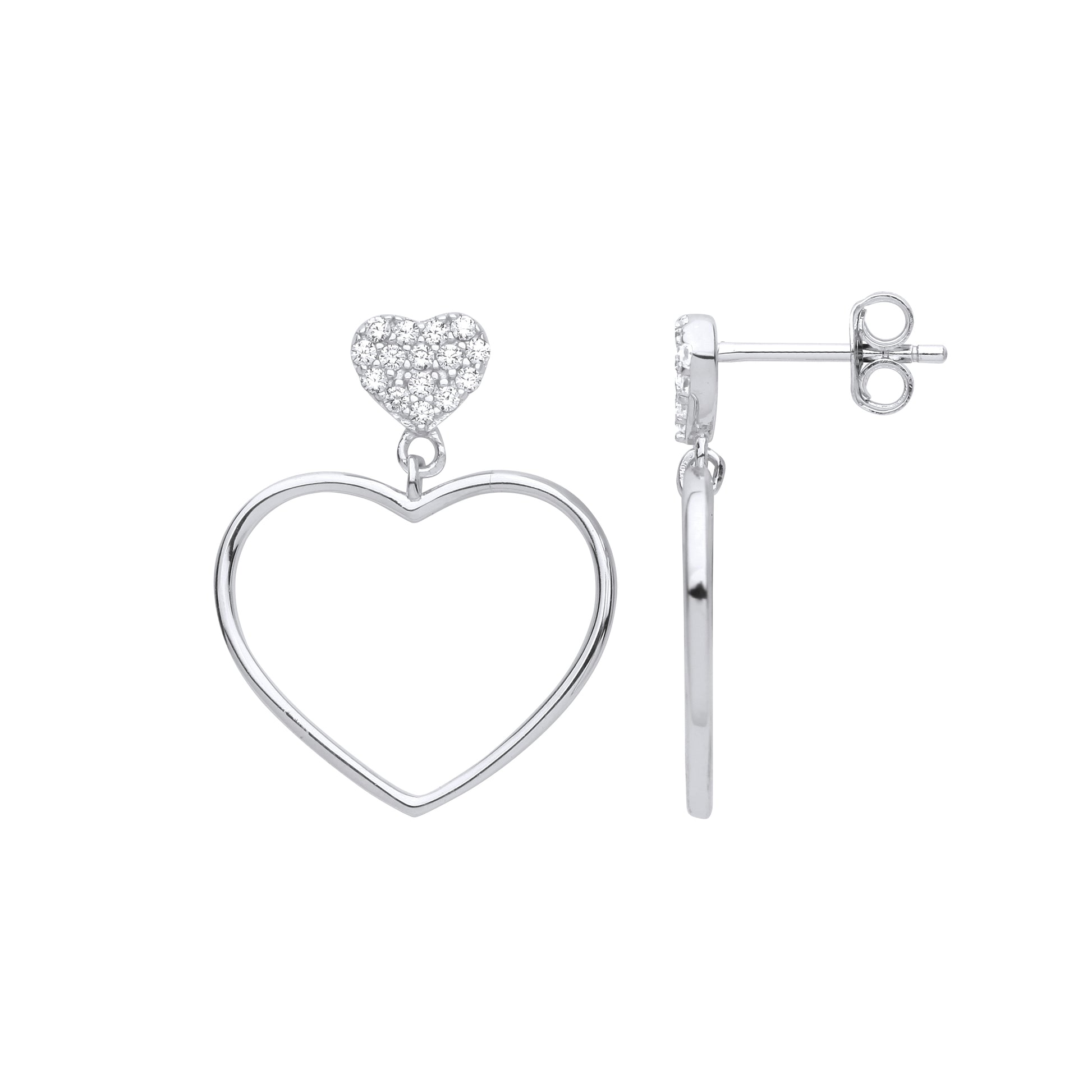 Sterling Silver  CZ Open Love Heart Outline Cluster Drop Earrings - GVE998