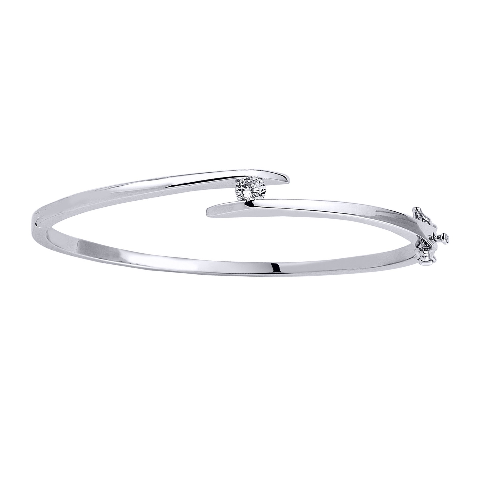 Silver  CZ Solitaire Crossover Bangle Bracelet - GVG084