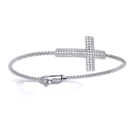 Silver  CZ Pave Inverted Cross Twisted Bangle Bracelet - GVG138