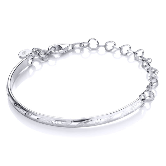 Silver  Adjustable Floral Engraved Semi Bangle Bracelet 4mm - GVG181