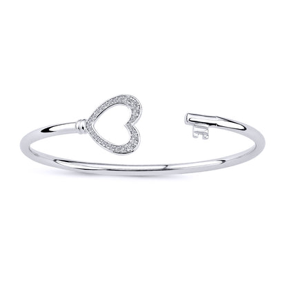 Silver  CZ Love Heart Key Torque Bangle Bracelet 17mm - GVG198