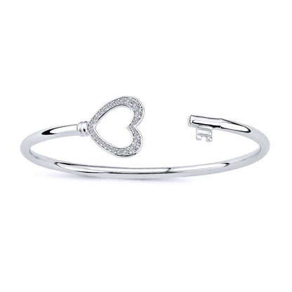 Silver  CZ Love Heart Key Torque Bangle Bracelet 17mm - GVG198