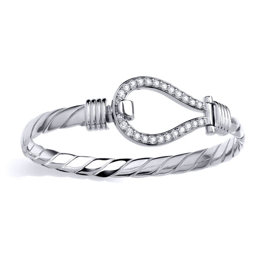 Mens Silver  CZ Rope Twist Stirrup Loop Bangle Bracelet 7mm 25mm - GVG227