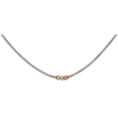 3-Colour Silver  CZ Pave Popcorn Bead Necklace 5mm 16 inch - GVK079RH