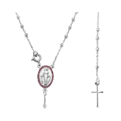 Anti-Tarnish Sterling Silver  Pink CZ Rosary beads Necklace - GVK085RU