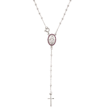 Anti-Tarnish Sterling Silver  Pink CZ Rosary beads Necklace - GVK085RU