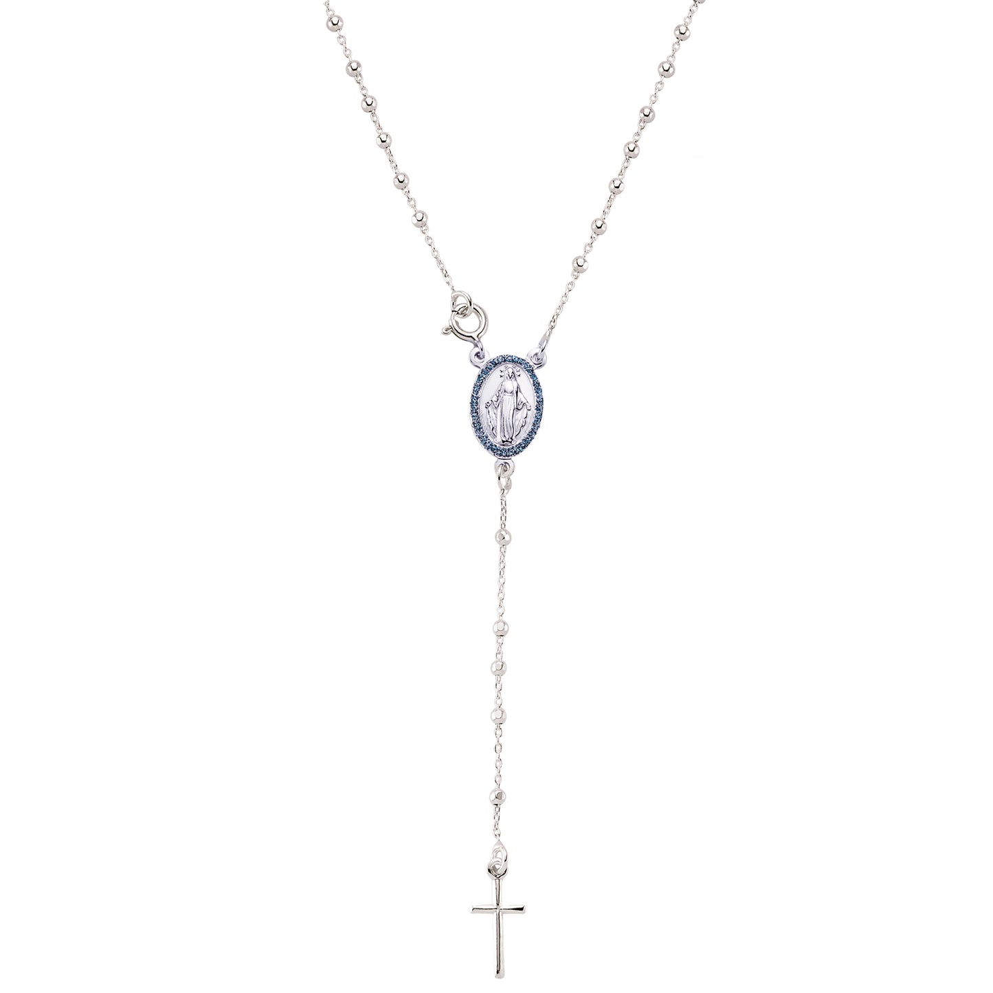 Anti-Tarnish Sterling Silver  Blue CZ Rosary beads Necklace - GVK085