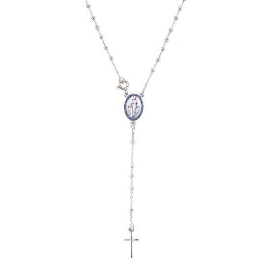 Anti-Tarnish Sterling Silver  Blue CZ Rosary beads Necklace - GVK085