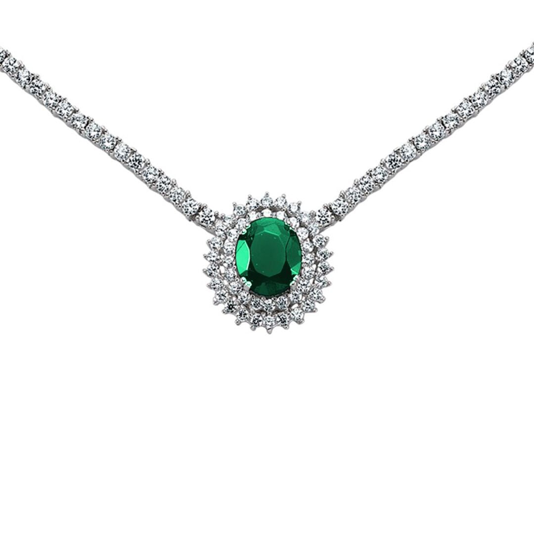 Silver  Green Oval CZ Royal Lady Di Cluster Necklace 15 inch - GVK099EM