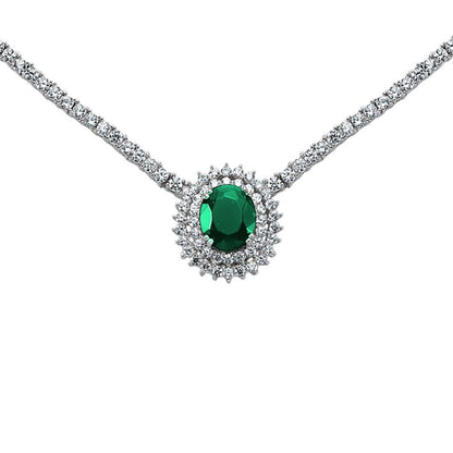 Silver  Green Oval CZ Royal Lady Di Cluster Necklace 15 inch - GVK099EM