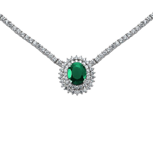 Silver  Green Oval CZ Royal Lady Di Cluster Necklace 15 inch - GVK099EM