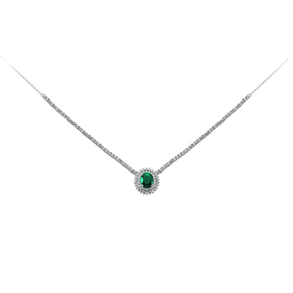 Silver  Green Oval CZ Royal Lady Di Cluster Necklace 15 inch - GVK099EM