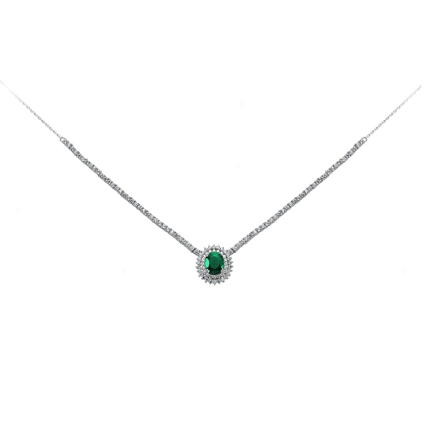 Silver  Green Oval CZ Royal Lady Di Cluster Necklace 15 inch - GVK099EM