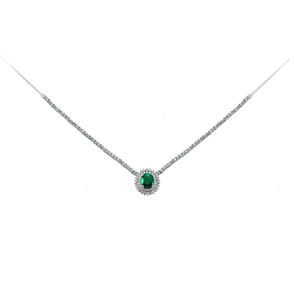 Silver  Green Oval CZ Royal Lady Di Cluster Necklace 15 inch - GVK099EM