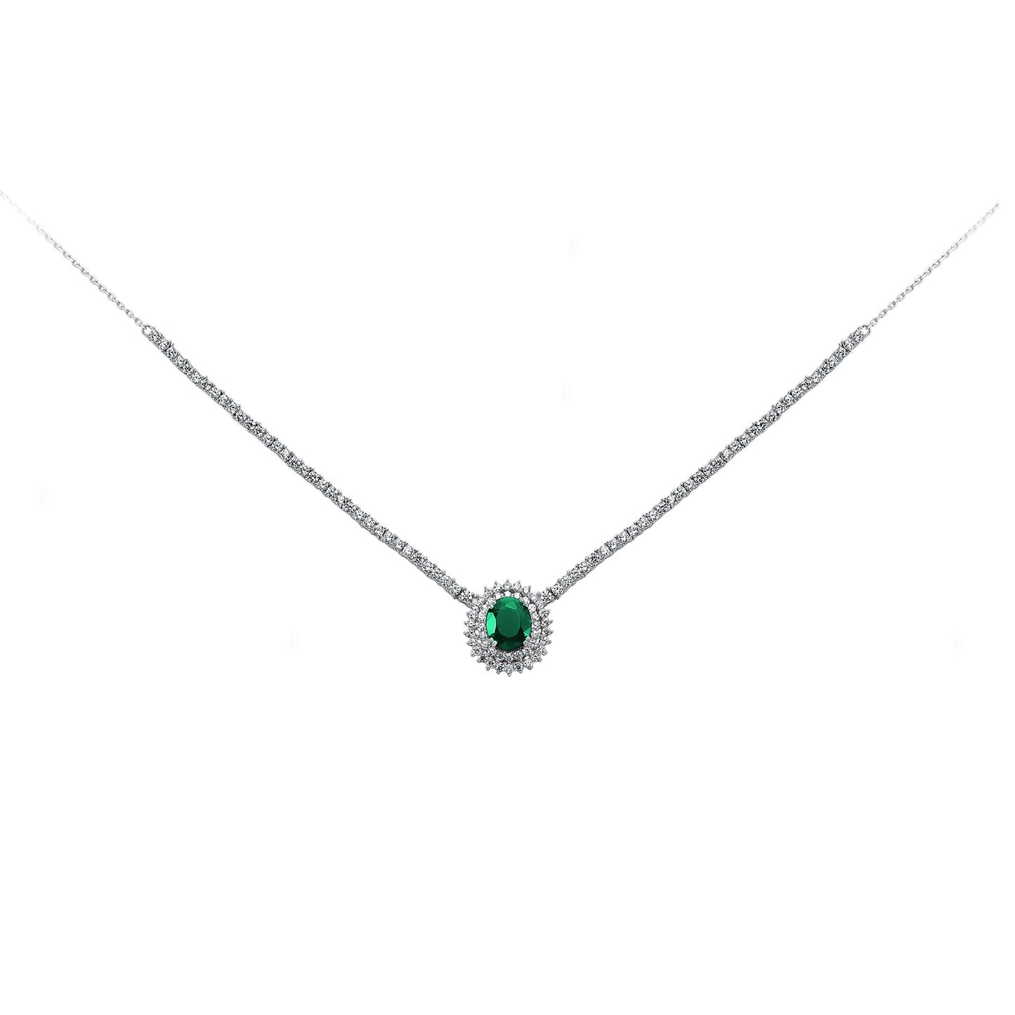 Silver  Green Oval CZ Royal Lady Di Cluster Necklace 15 inch - GVK099EM