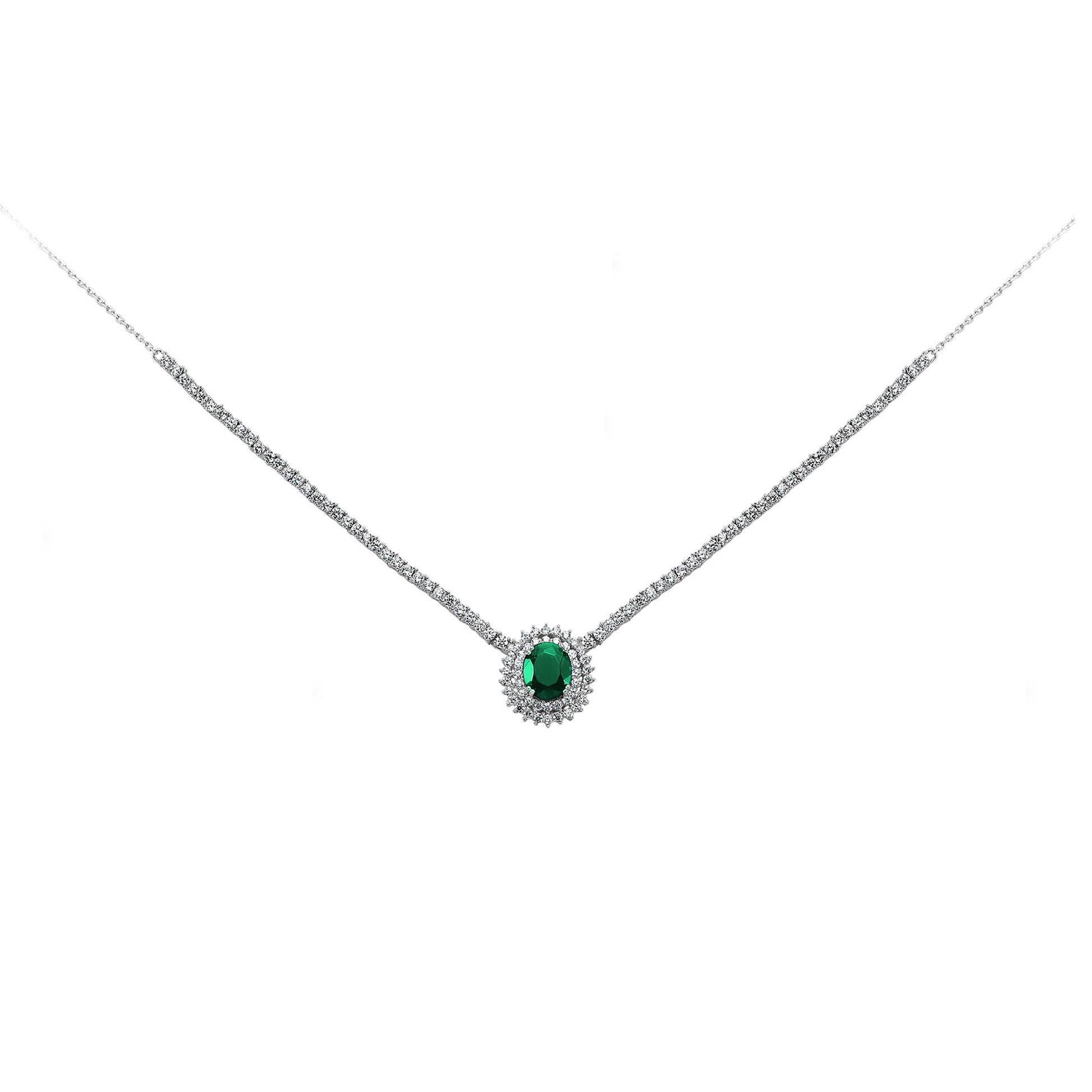 Silver  Green Oval CZ Royal Lady Di Cluster Necklace 15 inch - GVK099EM