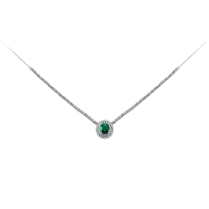 Silver  Green Oval CZ Royal Lady Di Cluster Necklace 15 inch - GVK099EM