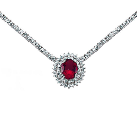 Silver  Red Oval CZ Royal Lady Di Cluster Necklace 15 inch - GVK099RUB