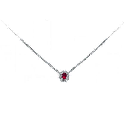 Silver  Red Oval CZ Royal Lady Di Cluster Necklace 15 inch - GVK099RUB
