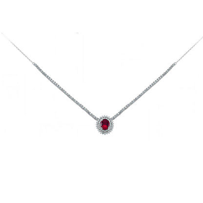 Silver  Red Oval CZ Royal Lady Di Cluster Necklace 15 inch - GVK099RUB