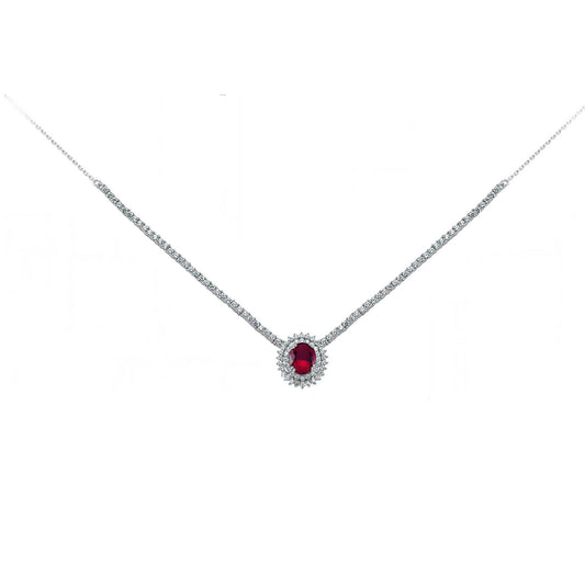Silver  Red Oval CZ Royal Lady Di Cluster Necklace 15 inch - GVK099RUB