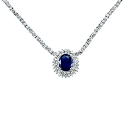 Silver  Blue Oval CZ Royal Lady Di Cluster Pendant Necklace 15inch - GVK099SAP