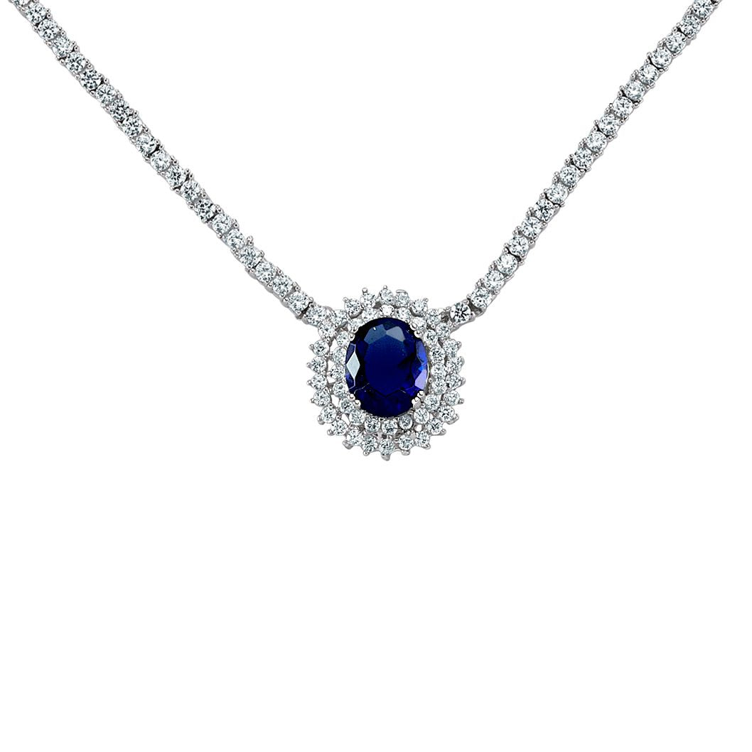 Silver  Blue Oval CZ Royal Lady Di Cluster Pendant Necklace 15inch - GVK099SAP