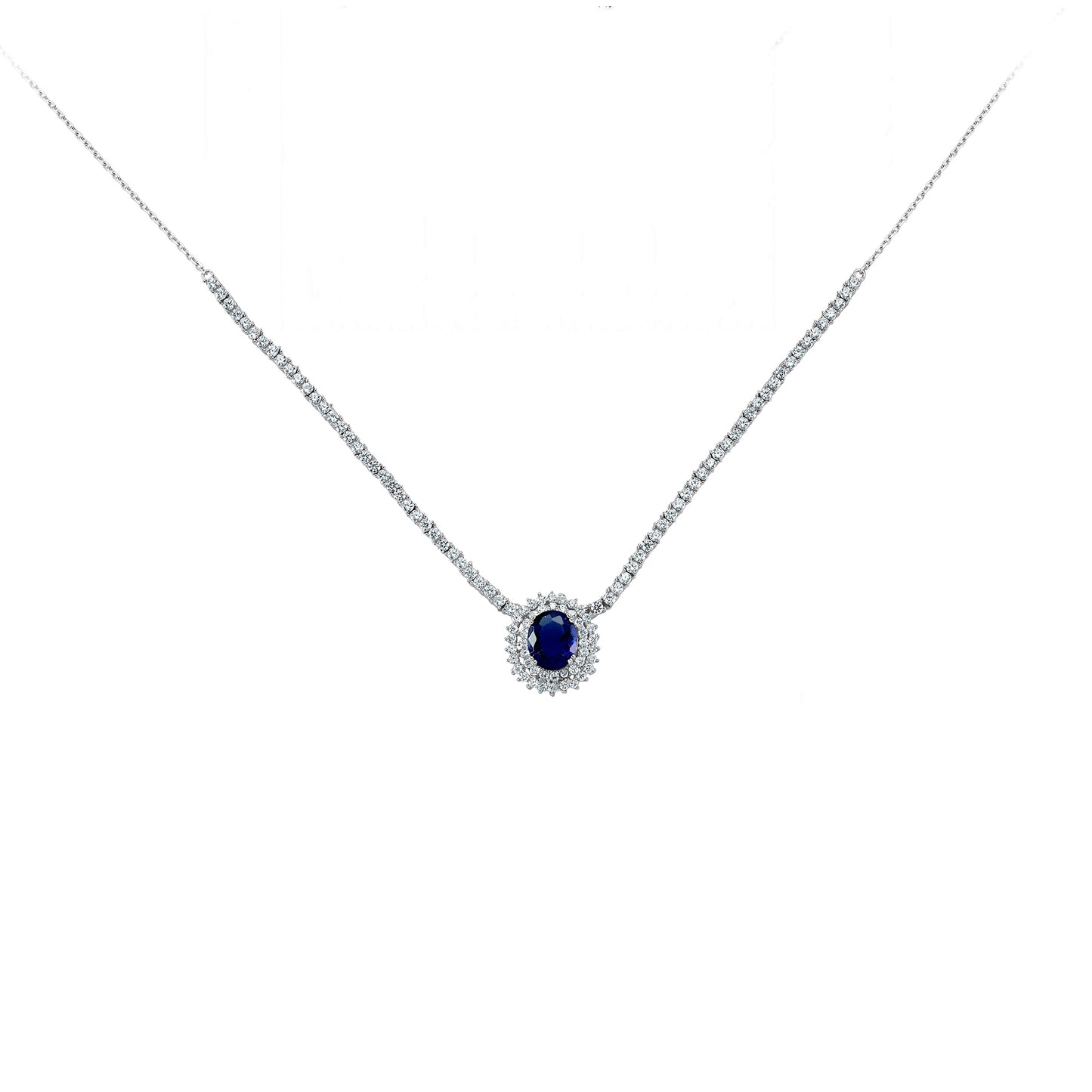 Silver  Blue Oval CZ Royal Lady Di Cluster Pendant Necklace 15inch - GVK099SAP