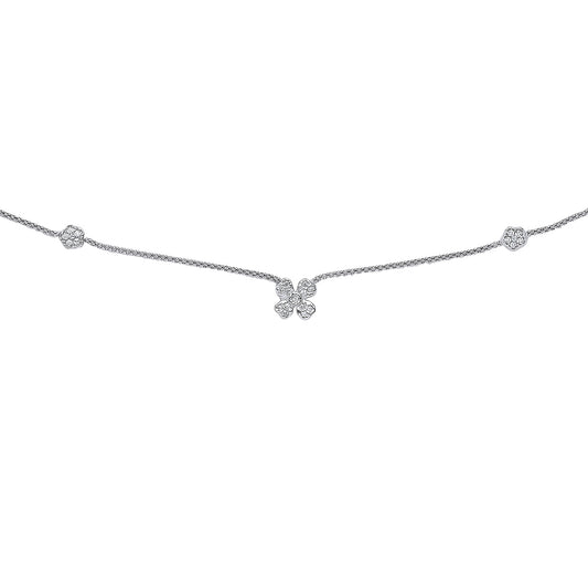 Silver  CZ Pave Flower Clover Popcorn Necklace 1mm - GVK116