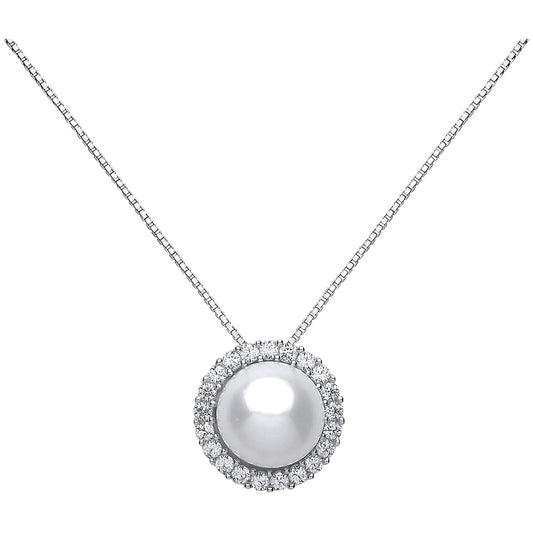 Silver  CZ Pearl Halo Pendant Necklace 10mm 16 inch - GVK123