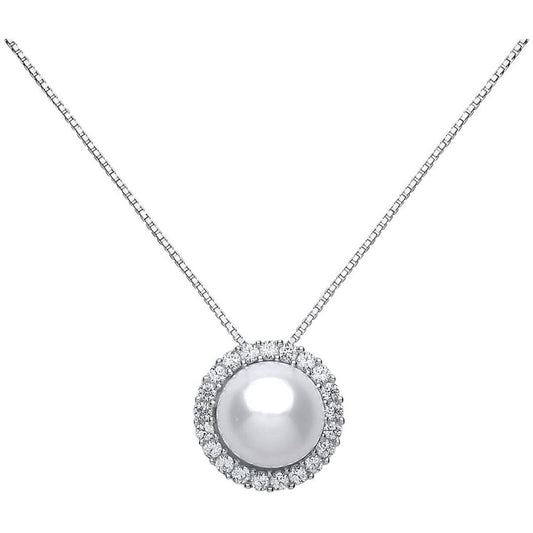 Silver CZ Pearl Halo Pendant Necklace 10mm 16 inch - GVK123
