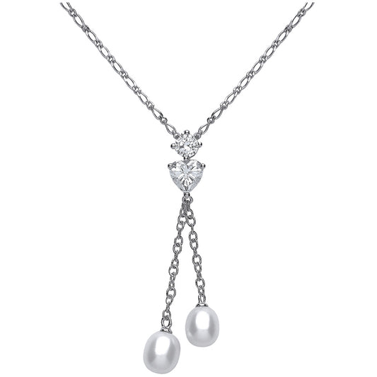 Silver  Heart Shape CZ Pearl Tears of Joy Pendant Necklace 8mm - GVK126