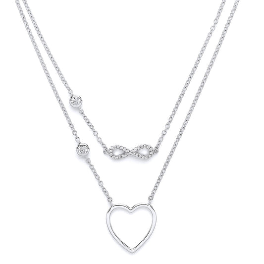 Silver  CZ Infinity Love Heart Double Drop Necklace 16 + 2 inch - GVK139