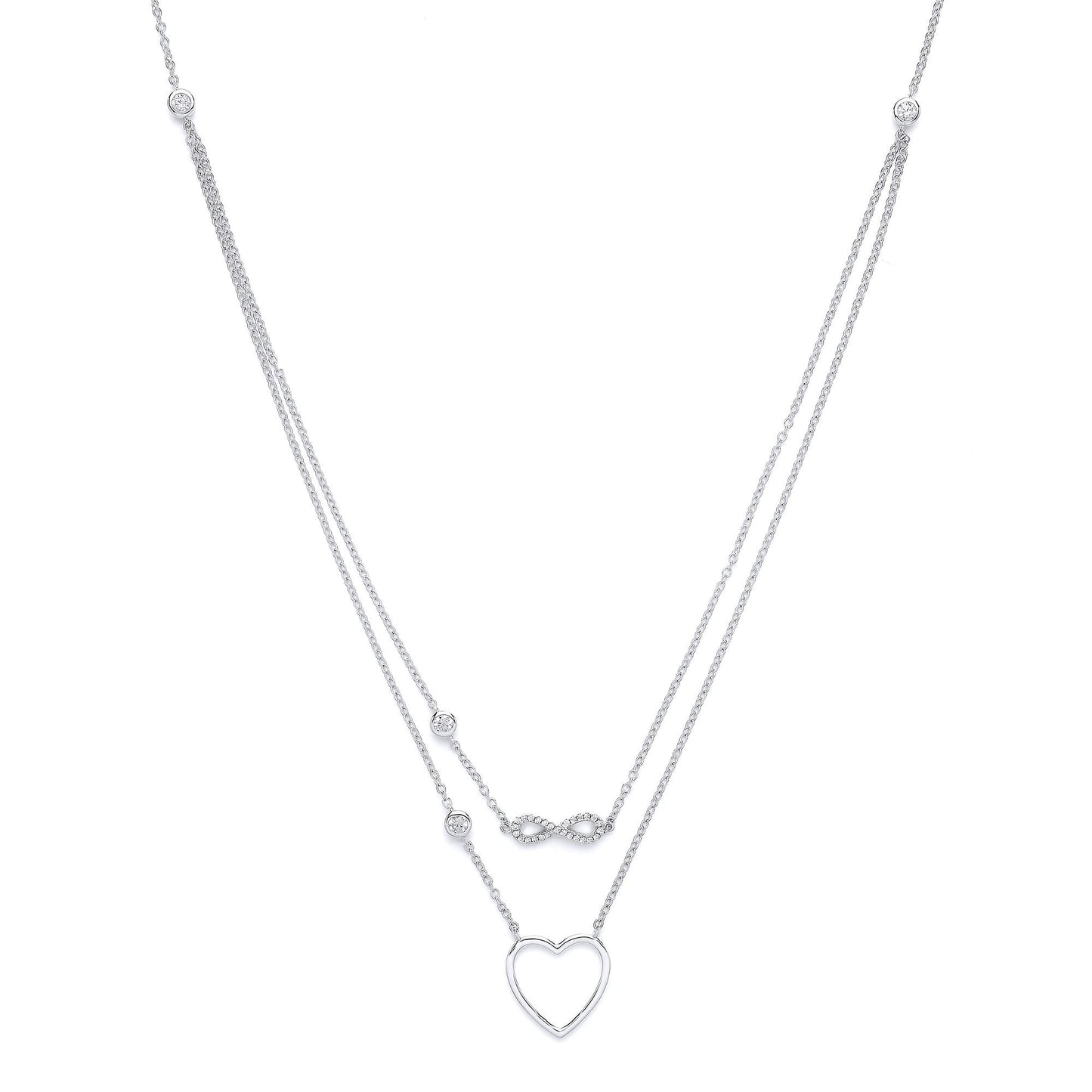 Silver  CZ Infinity Love Heart Double Drop Necklace 16 + 2 inch - GVK139