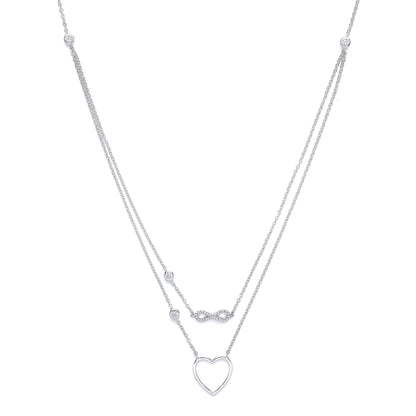 Silver  CZ Infinity Love Heart Double Drop Necklace 16 + 2 inch - GVK139