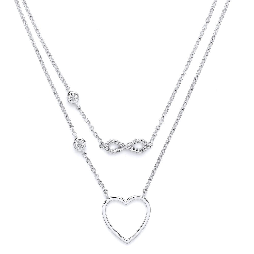 Silver  CZ Infinity Love Heart Double Drop Necklace 16 + 2 inch - GVK139