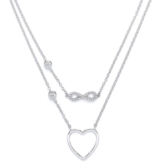 Silver  CZ Infinity Love Heart Double Drop Necklace 16 + 2 inch - GVK139