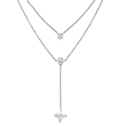 Silver  Marquise CZ Flower Petals Double Drop Necklace 17 inch - GVK140