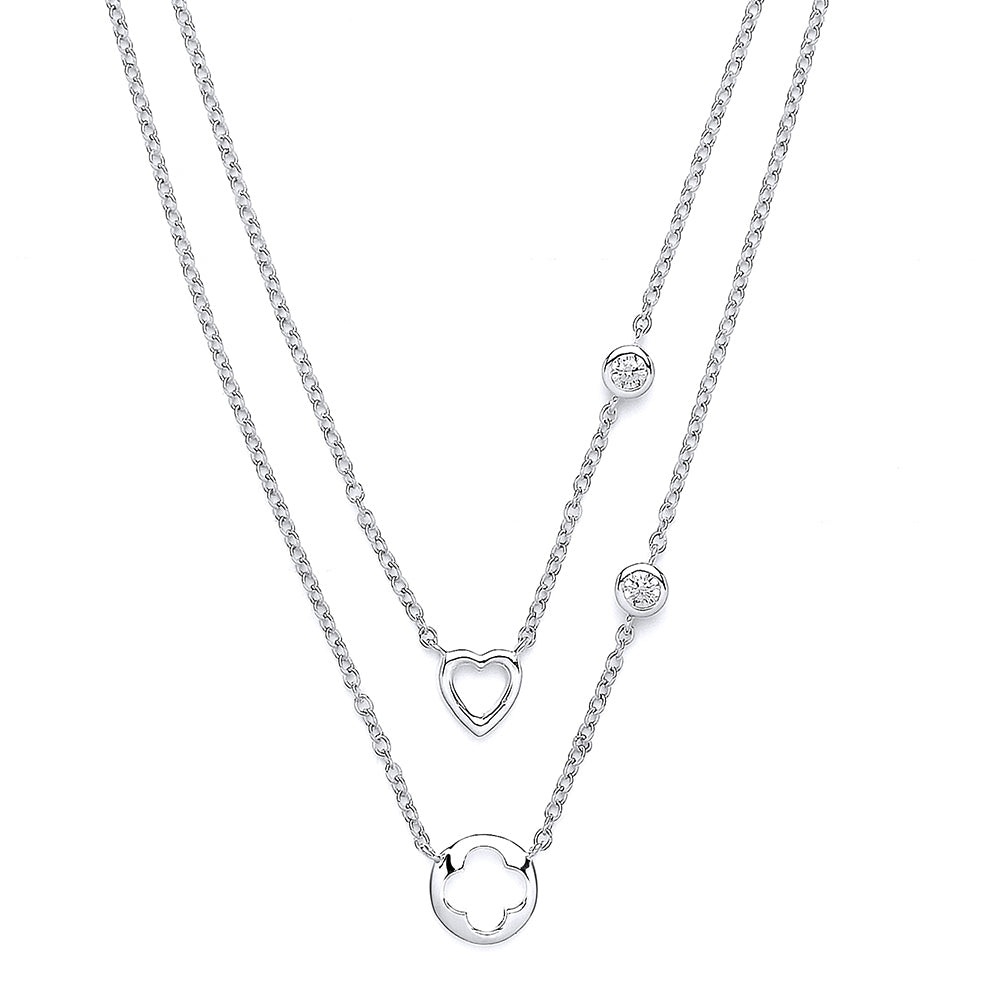 Silver  CZ Lucky Love Heart Double Drop Necklace 17 inch - GVK141