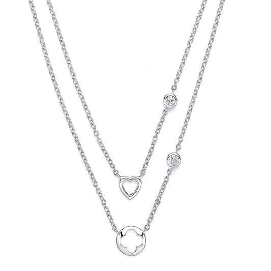 Silver CZ Lucky Love Heart Double Drop Necklace 17 inch - GVK141