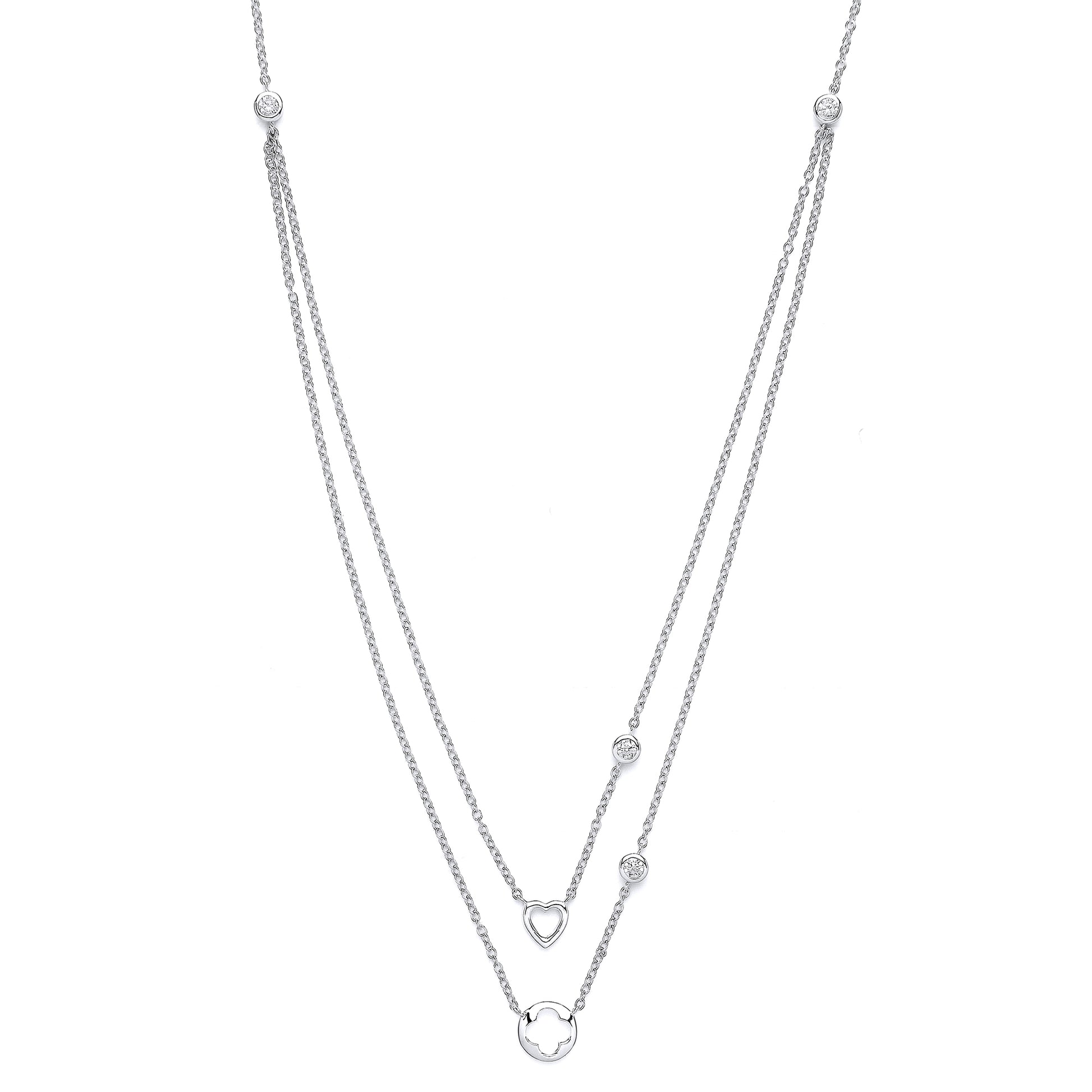 Silver  CZ Lucky Love Heart Double Drop Necklace 17 inch - GVK141