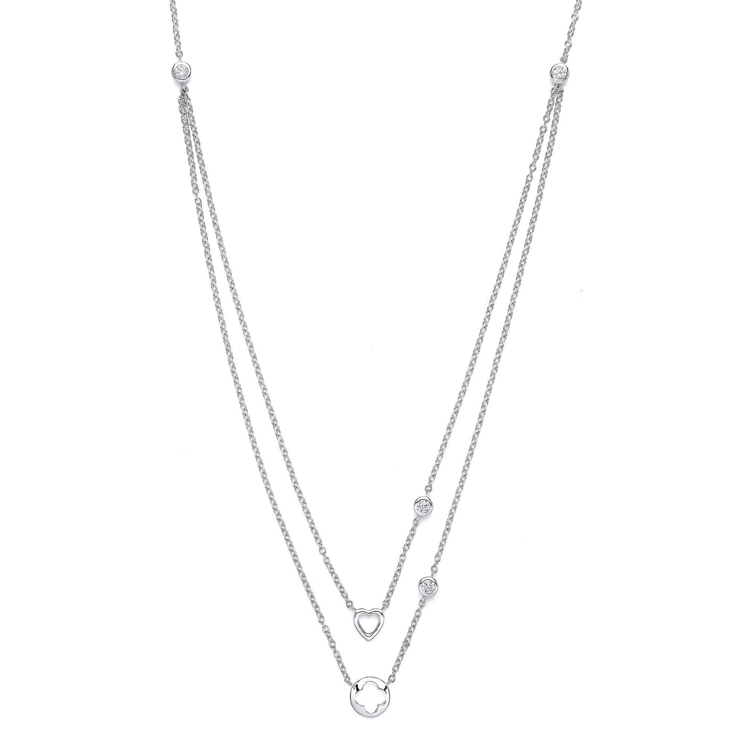 Silver  CZ Lucky Love Heart Double Drop Necklace 17 inch - GVK141