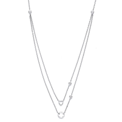 Silver  CZ Lucky Love Heart Double Drop Necklace 17 inch - GVK141