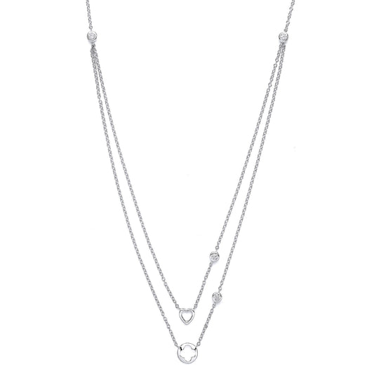 Silver  CZ Lucky Love Heart Double Drop Necklace 17 inch - GVK141