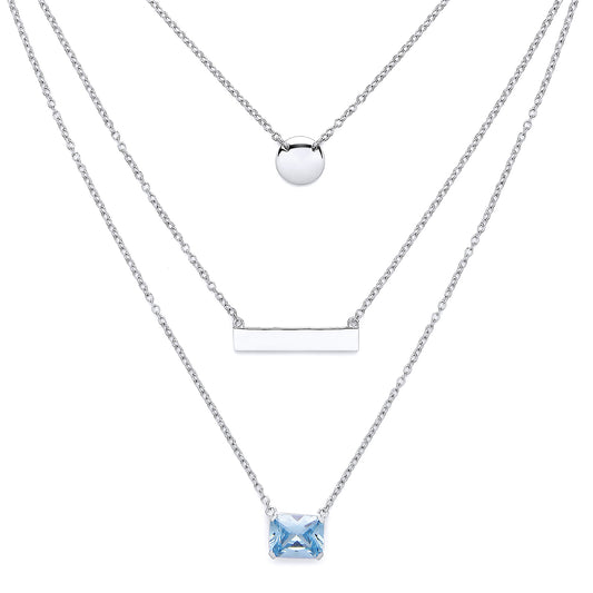 Silver  aqua emerald cut CZ Mini Disc Triple Drop Necklace 17" - GVK142