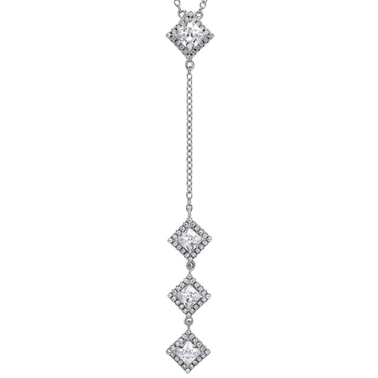 Silver  princess Cut CZ Trilogy Princess Drop Charm Necklace 17" - GVK147