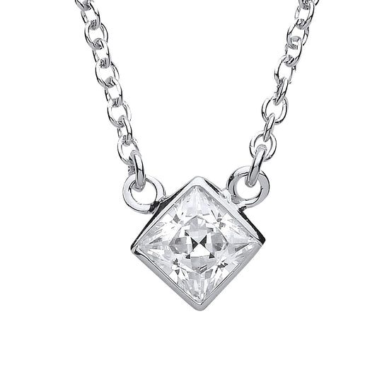 Silver  princess Cut CZ Solitaire Charm Necklace 17 inch - GVK151