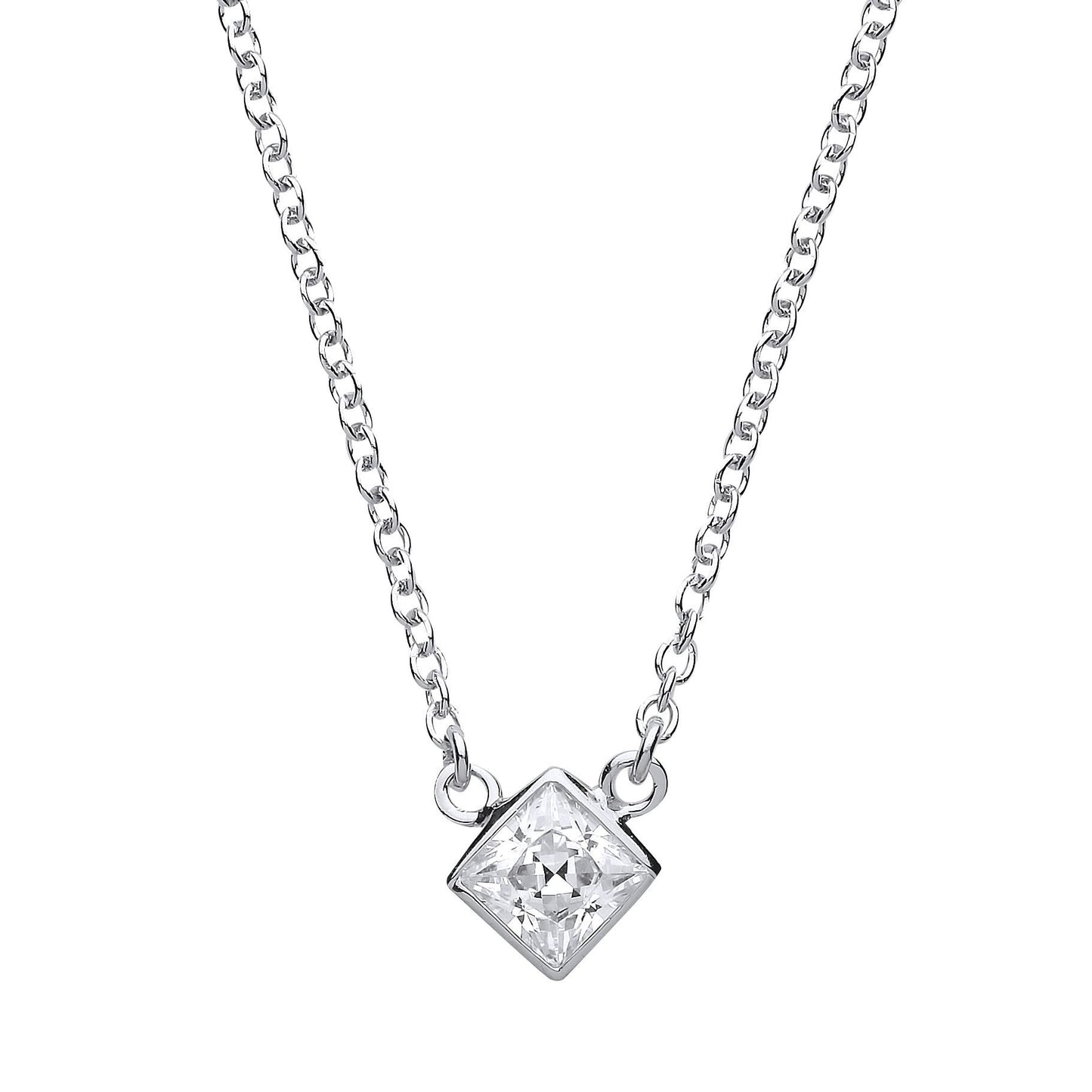 Silver  princess Cut CZ Solitaire Charm Necklace 17 inch - GVK151