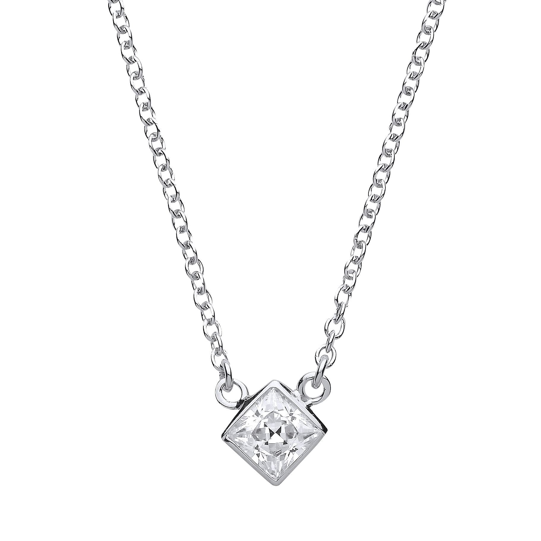 Silver  princess Cut CZ Solitaire Charm Necklace 17 inch - GVK151