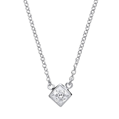 Silver  princess Cut CZ Solitaire Charm Necklace 17 inch - GVK151